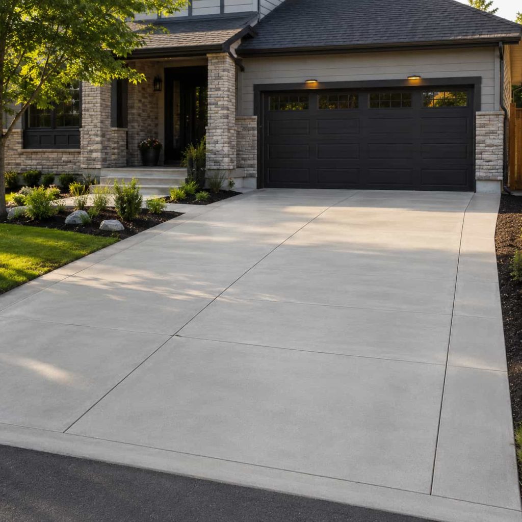 Modern concrete driveway installation with smooth finished surface, clean edges, and durable residential concrete work design.