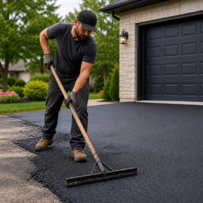 Driveway repair worker leveling fresh asphalt with tool on residential driveway