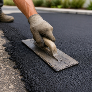 Close-up of driveway repair with worker hand smoothing fresh asphalt using a trowel tool