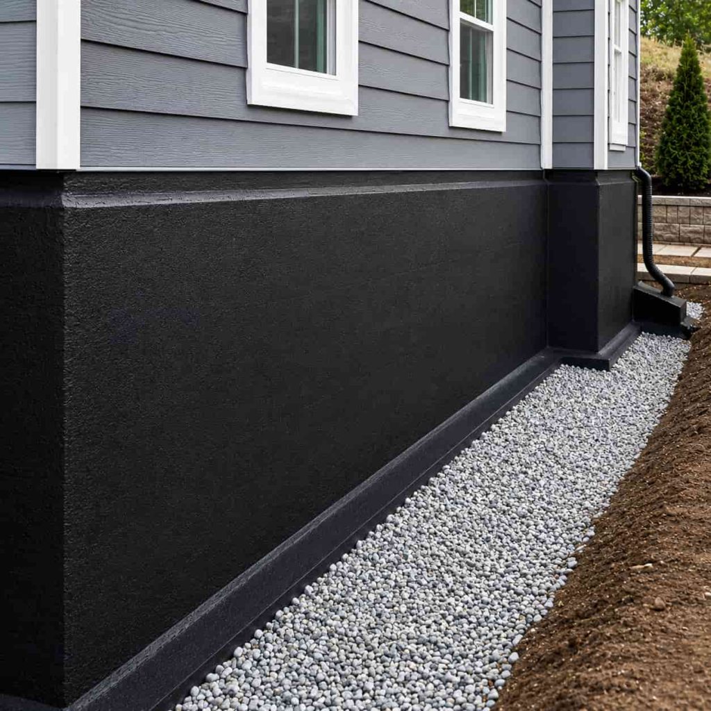 Exterior foundation waterproofing with protective waterproof coating, drainage gravel system, and finished residential moisture protection.