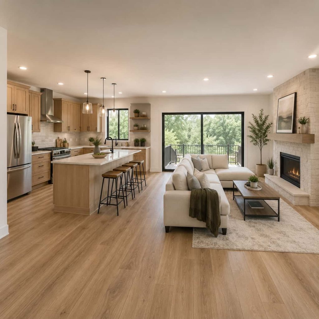Modern open-concept home remodel with custom kitchen island, hardwood flooring, natural lighting, contemporary living room design, and luxury interior renovation finishes.