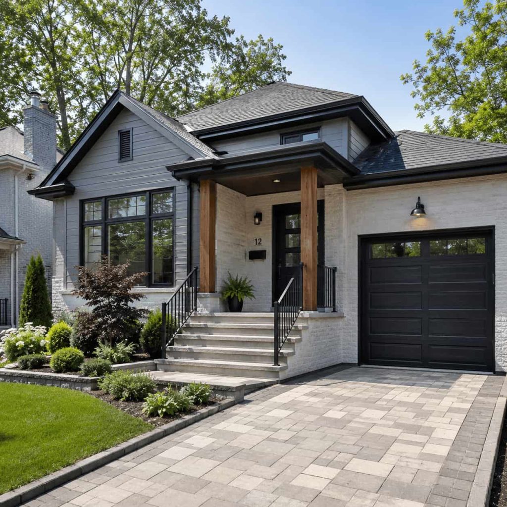 Modern exterior home renovation with gray siding, white brick facade, black garage door, landscaped front yard, stone driveway, and clean contemporary residential design in natural daylight.