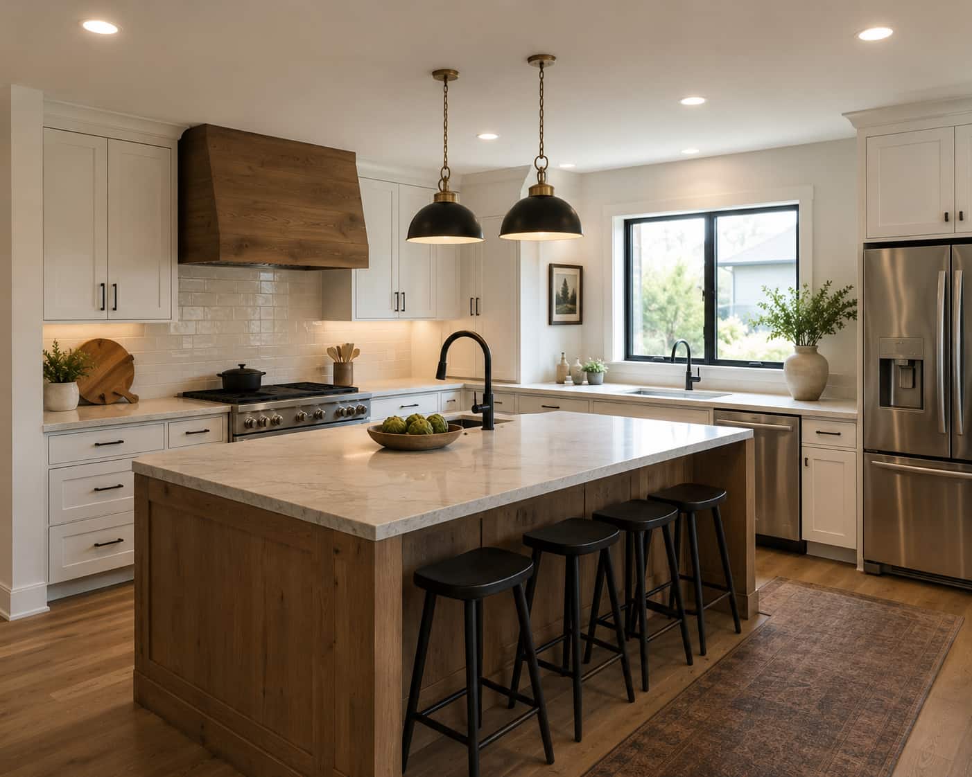 Modern kitchen remodel with white cabinets, wooden kitchen island, quartz countertops, stainless steel appliances, warm lighting, and contemporary open-concept interior design.