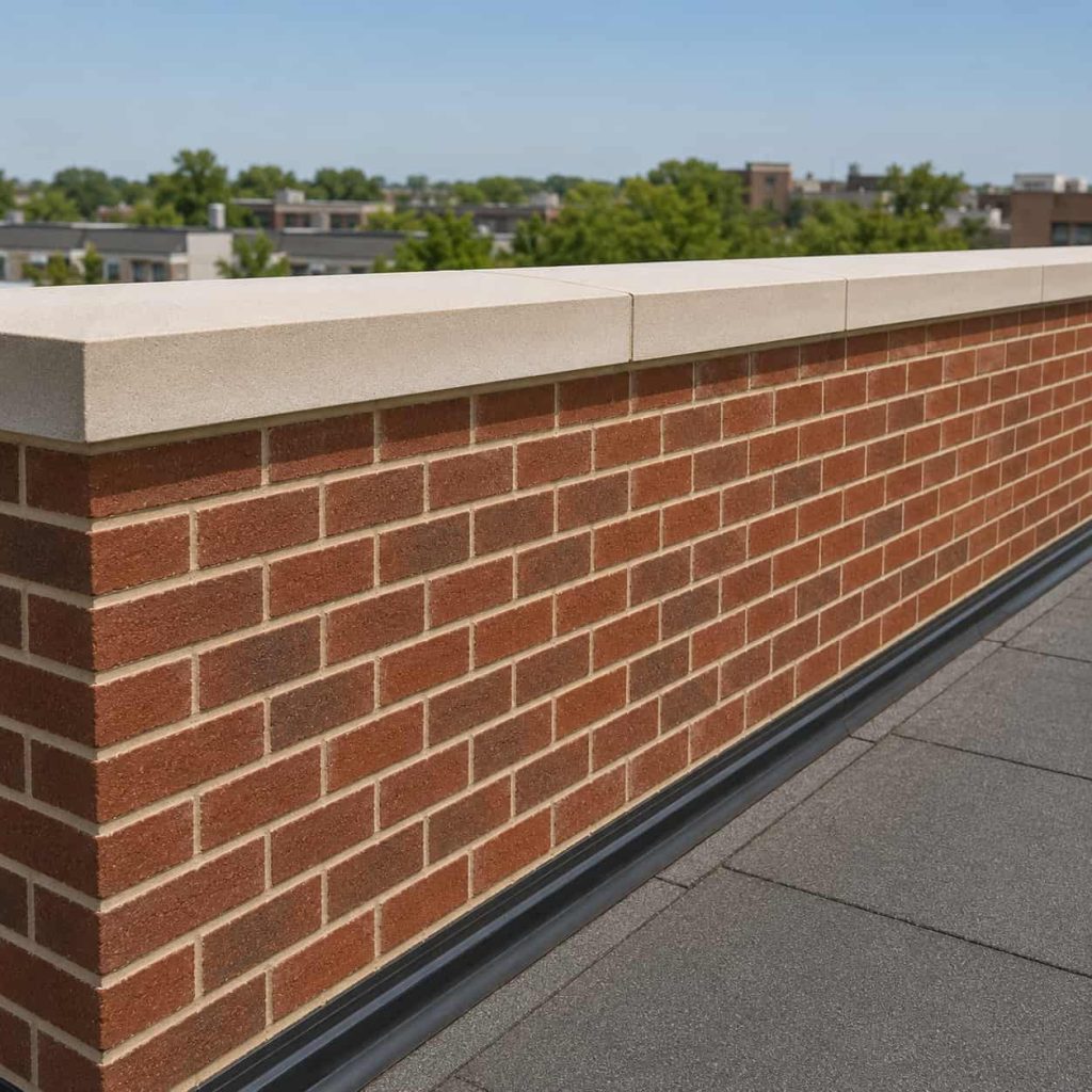 Finished brick parapet wall restoration with clean masonry joints, rooftop waterproofing edge, and durable exterior parapet construction.