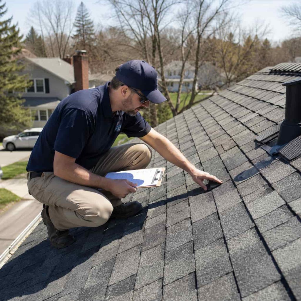Professional roof inspection in progress with contractor checking asphalt shingles for damage, leaks, and roofing issues on a residential property.