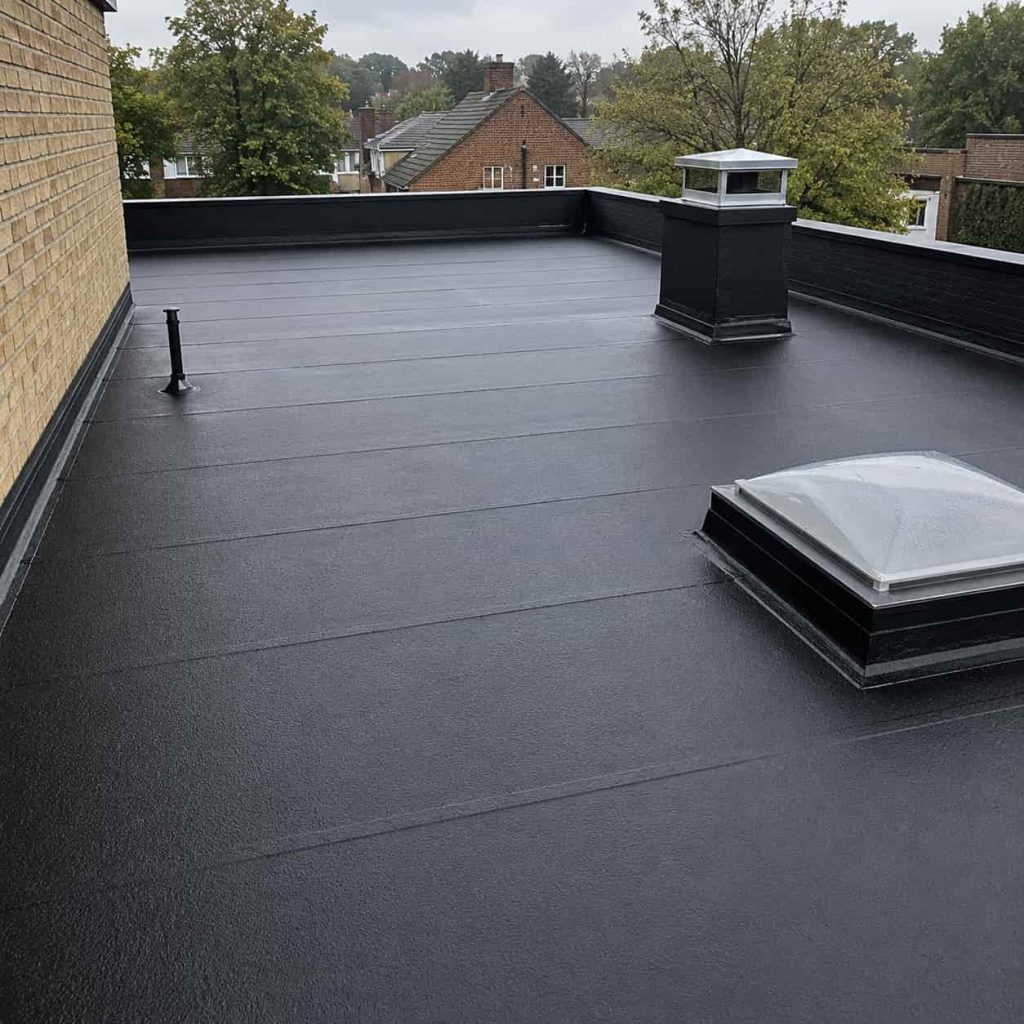 Finished flat roof waterproofing system with seamless waterproof membrane and durable commercial rooftop protection.