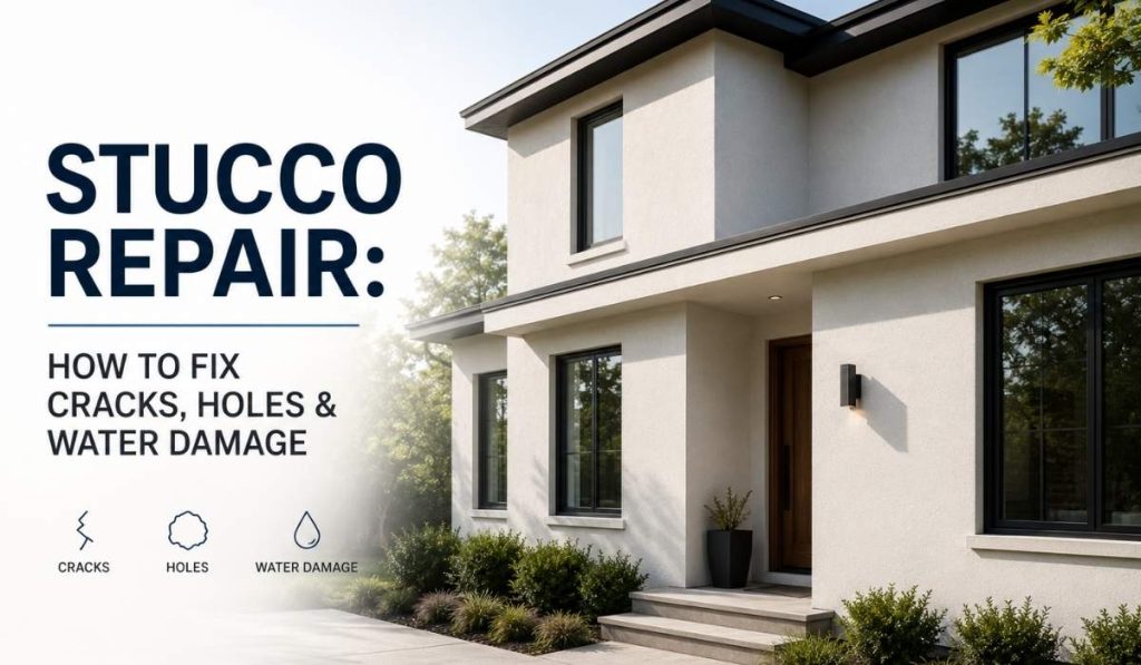 Featured image for stucco repair guide showing a modern home with smooth repaired stucco exterior and text about fixing cracks, holes, and water damage.