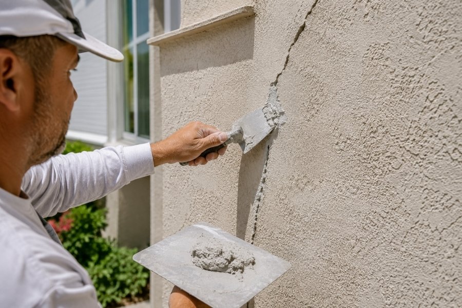 Contractor repairing cracks on a stucco exterior wall of a residential property using professional patching tools in natural daylight.
Stucco Repair