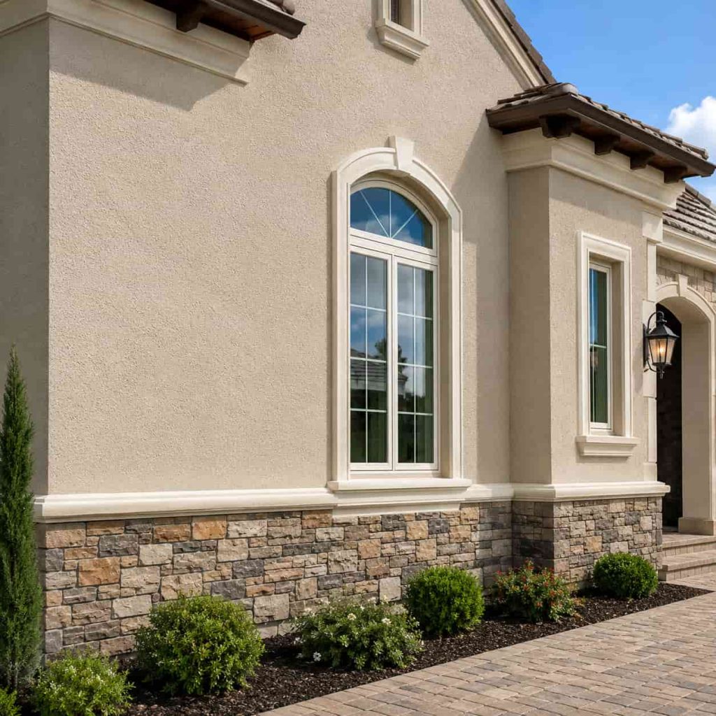 Finished EIFS stucco repair with smooth exterior stucco finish, stone veneer accents, and modern residential facade design.
