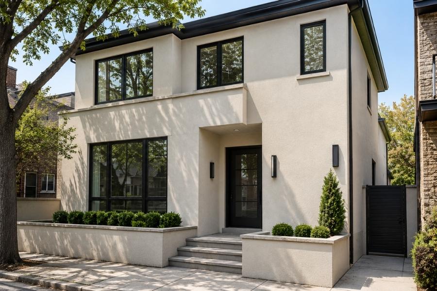 Modern two-story home with smooth repaired stucco exterior, clean architectural design, and professionally restored exterior walls in bright natural daylight.