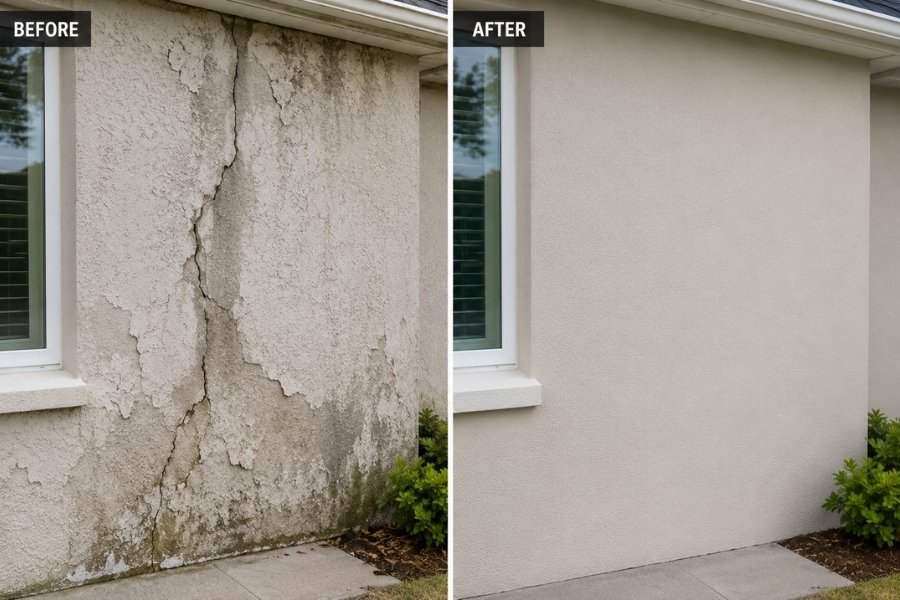 Before and after stucco repair comparison showing cracked and water-damaged exterior wall restored with a smooth professional stucco finish on a residential property.