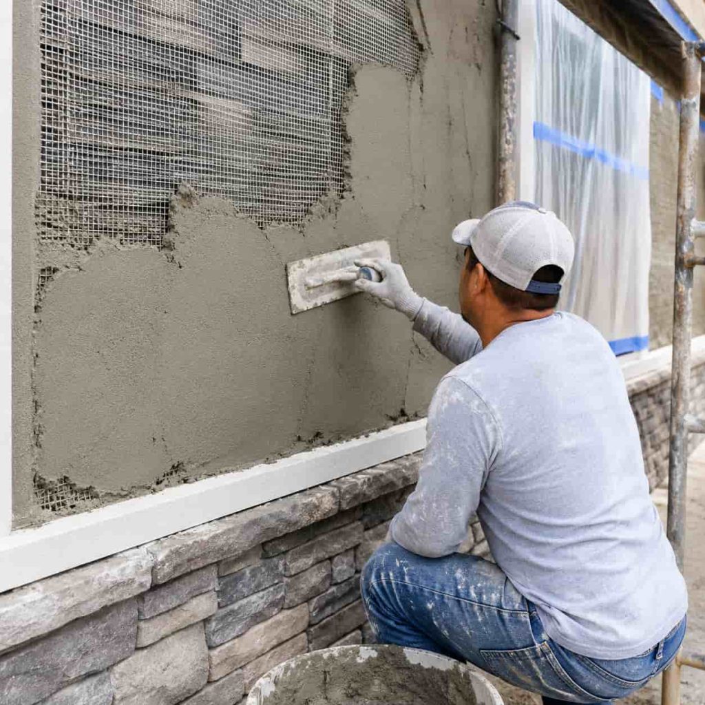 Worker applying masonry stucco finish on exterior wall with fresh cement stucco installation and stone veneer exterior design.