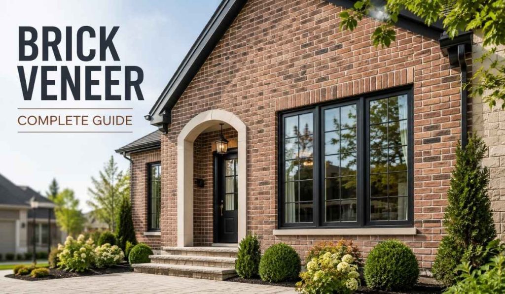 Modern exterior brick veneer house with realistic masonry texture and clean architectural design in daylight.