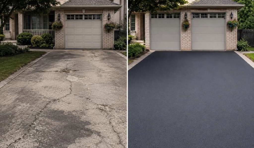 Driveway resurfacing project showing a worn driveway restored with a smooth new surface to improve durability and curb appeal.