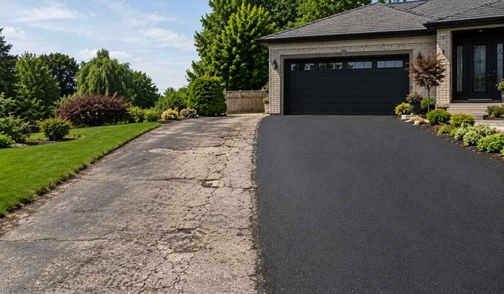 Residential driveway before and after resurfacing, highlighting surface restoration, improved appearance, and long-lasting performance.