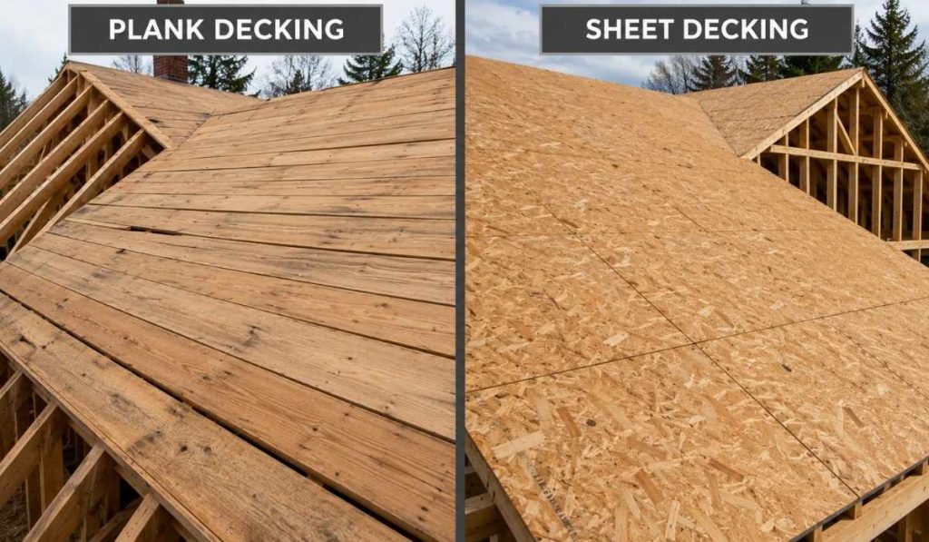 Roof decking comparison showing traditional plank decking and modern sheet decking installed on a residential roof before shingle installation.