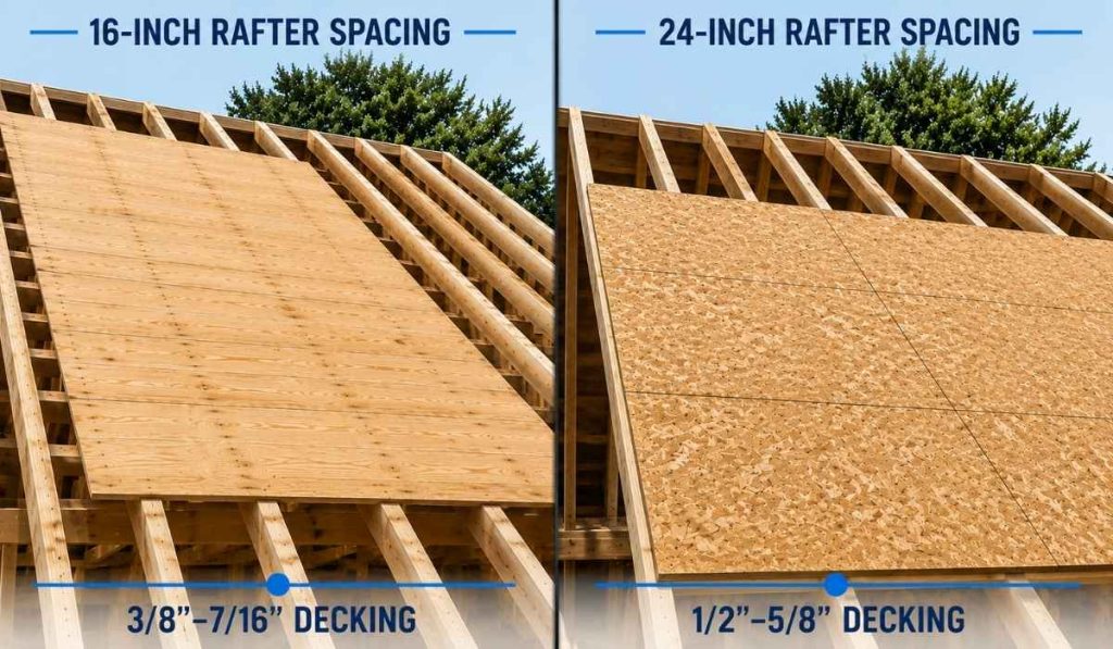 Roof decking thickness comparison showing 16-inch rafter spacing with 3/8–7/16 inch decking and 24-inch rafter spacing with 1/2–5/8 inch decking on a residential roof structure.
