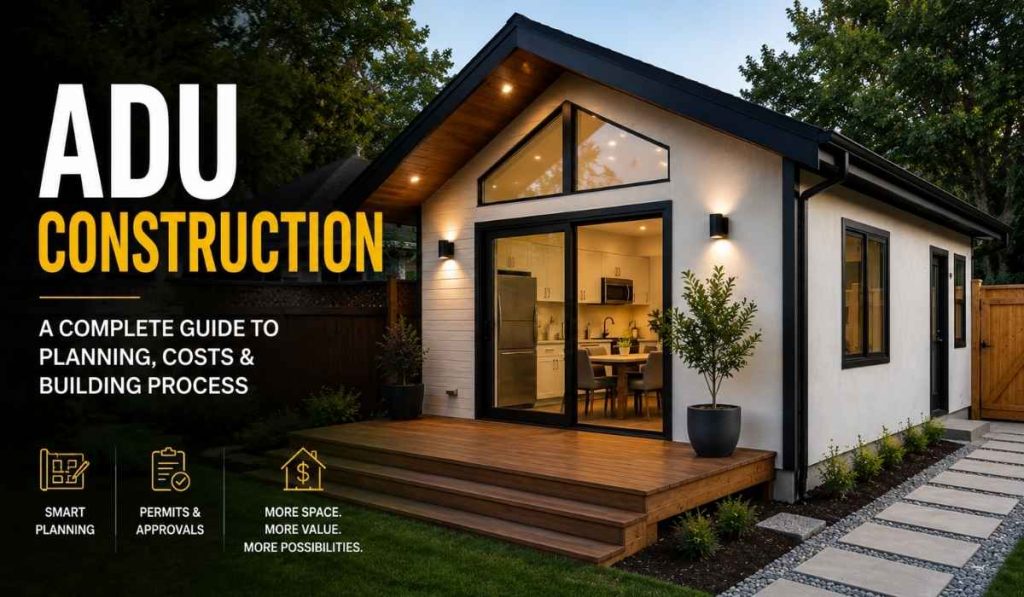 Modern ADU construction project featuring a detached accessory dwelling unit with contemporary design, large windows, backyard setting, and completed residential construction.