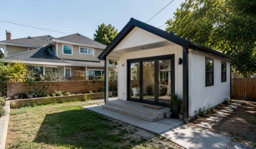 Completed detached ADU construction in a suburban backyard with a modern accessory dwelling unit, main house visible in the background, and landscaped outdoor space.