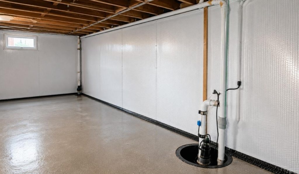 Residential basement waterproofing service with repaired foundation walls, interior drainage system, and sump pump for effective water management.