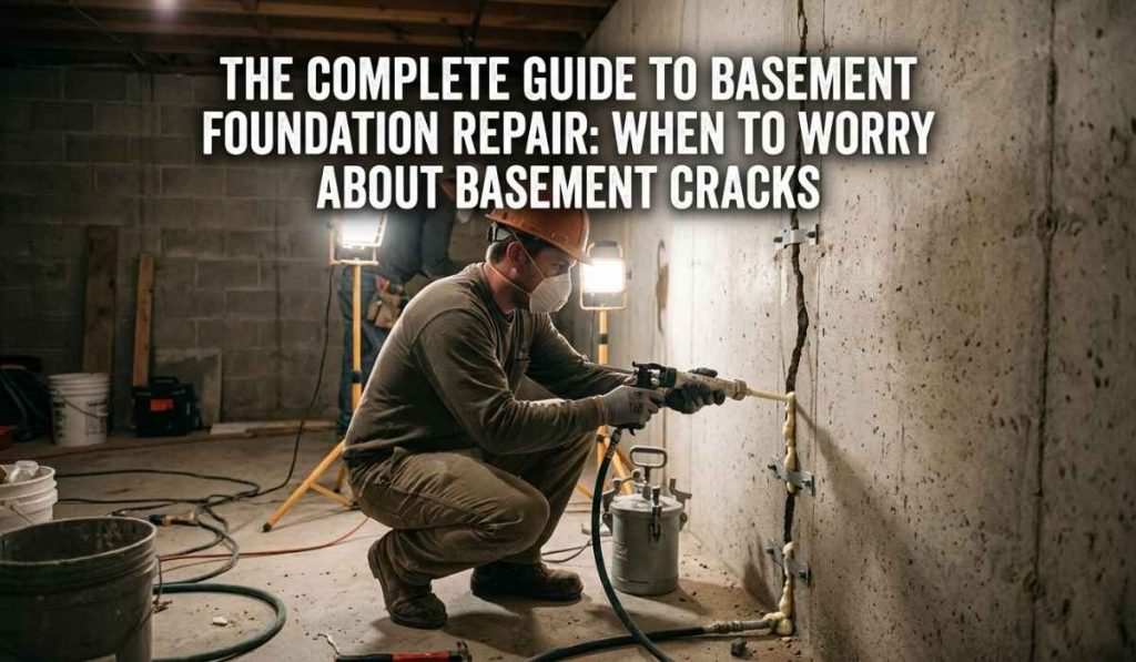 A professional foundation repair technician wearing a hard hat and protective mask crouches in a dimly lit basement, using specialized equipment to inject sealant into a large vertical crack in a concrete wall. The text overlaid at the top reads, "The Complete Guide to Basement Foundation Repair: When to Worry About Basement Cracks.
