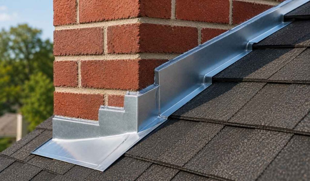 Completed chimney roof flashing repair with new galvanized steel flashing, fresh sealant, and properly installed shingles.