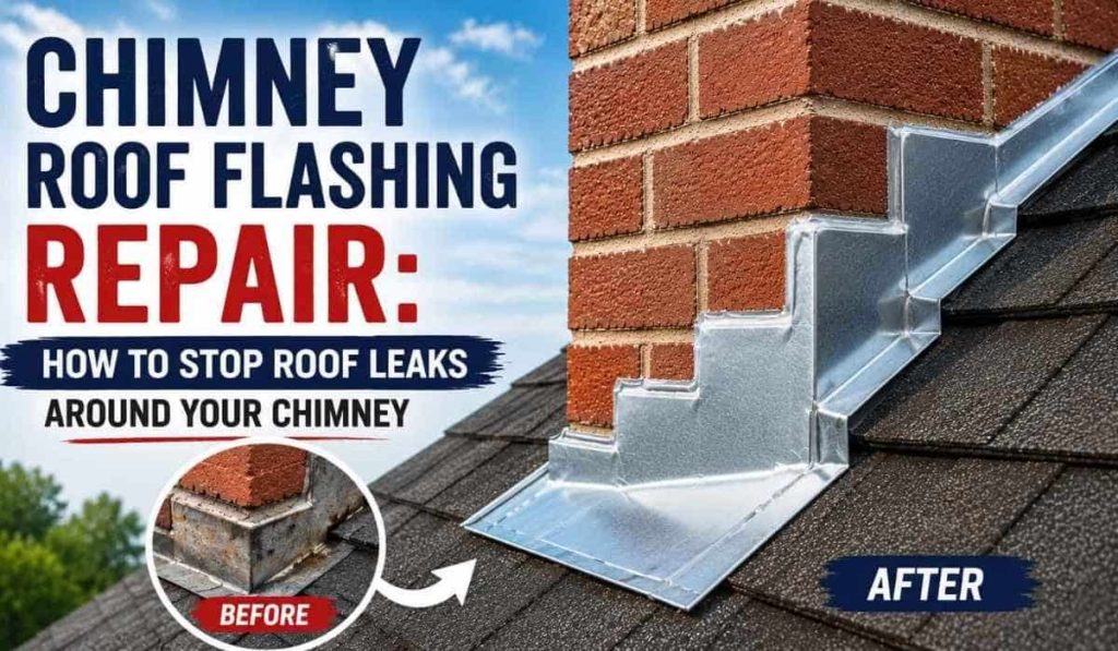 Chimney roof flashing repair showing damaged flashing replaced with new galvanized steel to stop roof leaks around a brick chimney.