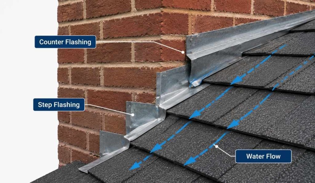 Chimney roof flashing repair needed due to rusted flashing, cracked sealant, and water intrusion around a brick chimney.