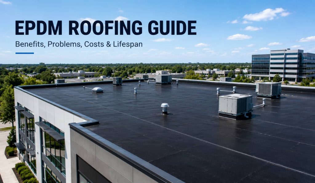 EPDM Roofing guide featured image showing a completed commercial flat roof with black EPDM membrane and rooftop equipment.