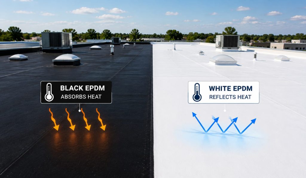 Black and white EPDM roofing membranes compared on a commercial flat roof, showing heat absorption and heat reflection properties for energy efficiency.