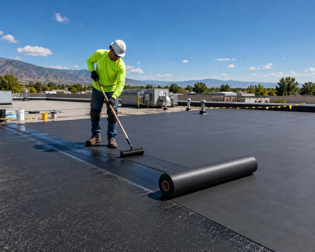 Roofing contractor performing EPDM roof installation on a commercial flat roof using a black EPDM roofing membrane