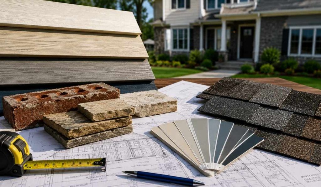 Exterior remodeling material selection display featuring fiber cement siding samples, roofing shingles, brick and stone veneer samples, paint color swatches, and construction blueprints arranged on a table in front of a residential home.