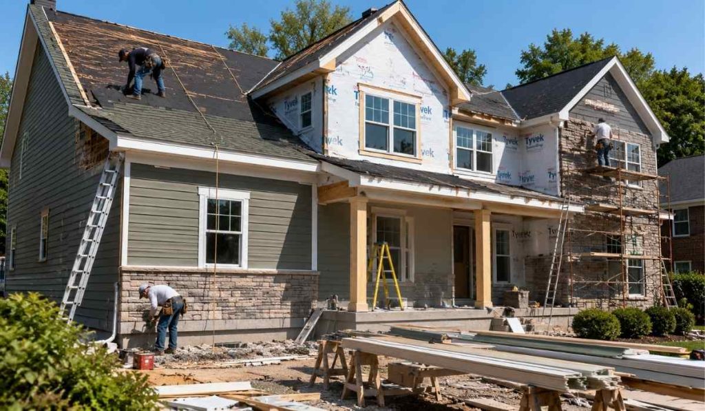 Exterior remodeling project in progress featuring roofing replacement, siding installation, and masonry repair on a residential home.