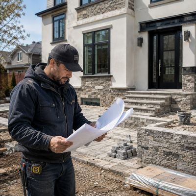 General contractor reviewing construction blueprints in front of a modern residential home renovation project in NYC.