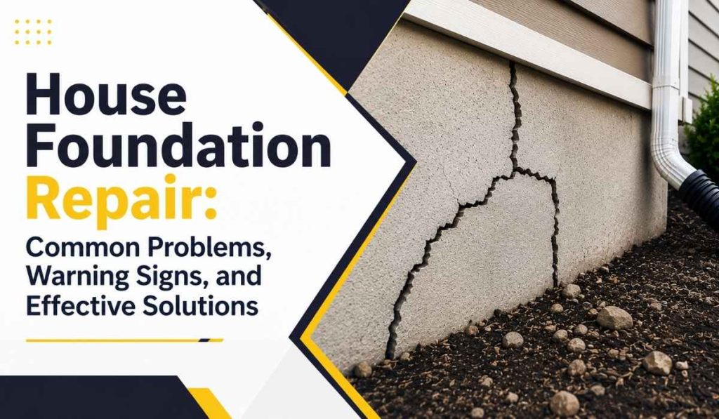 House Foundation Repair featured image showing a residential home's cracked concrete foundation wall with visible structural damage. The banner highlights common foundation problems, warning signs, and repair solutions