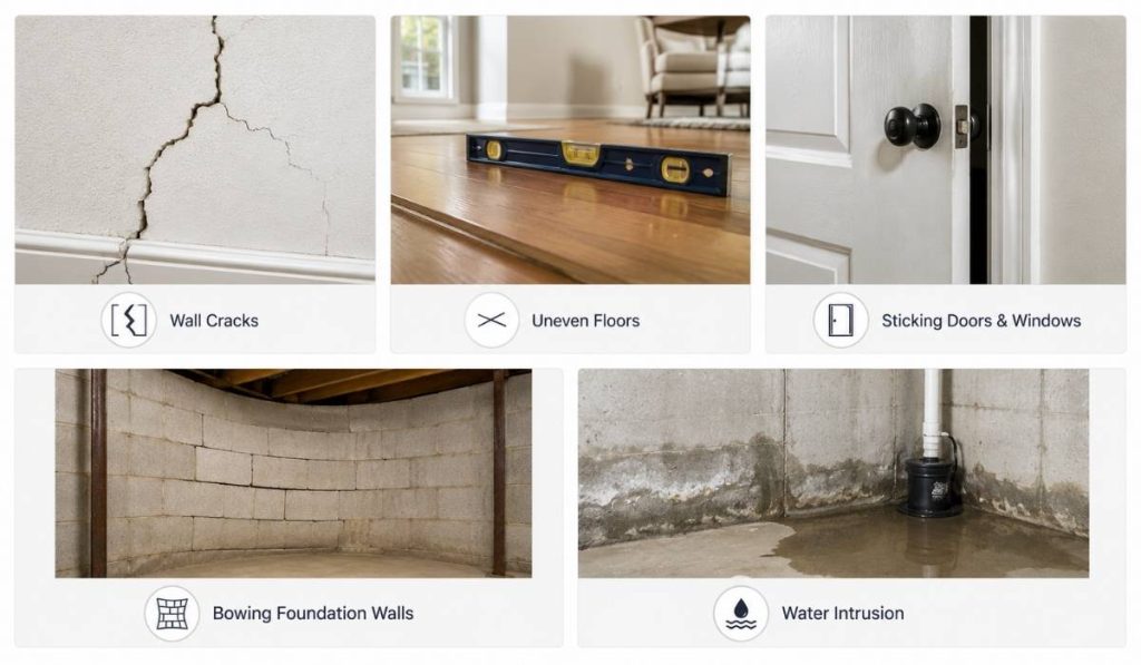 Infographic showing five common foundation warning signs in residential homes, including wall cracks, uneven floors, sticking doors and windows, bowing foundation walls, and water intrusion in a basement. Clean, professional layout with realistic photos illustrating early indicators of foundation damage and structural issues.