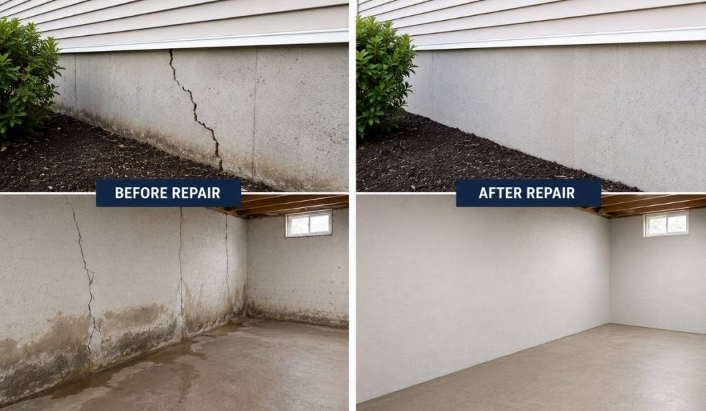Before and after comparison showing a residential home's damaged foundation with wall cracks and moisture issues versus a repaired and stabilized foundation after professional house foundation repair.