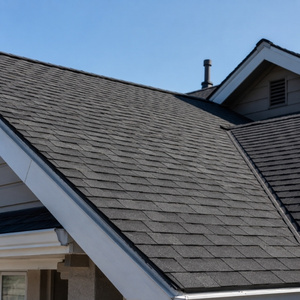 Newly installed asphalt shingle roof on a residential home with clean roof lines, realistic roofing materials, and clear blue sky in natural daylight.