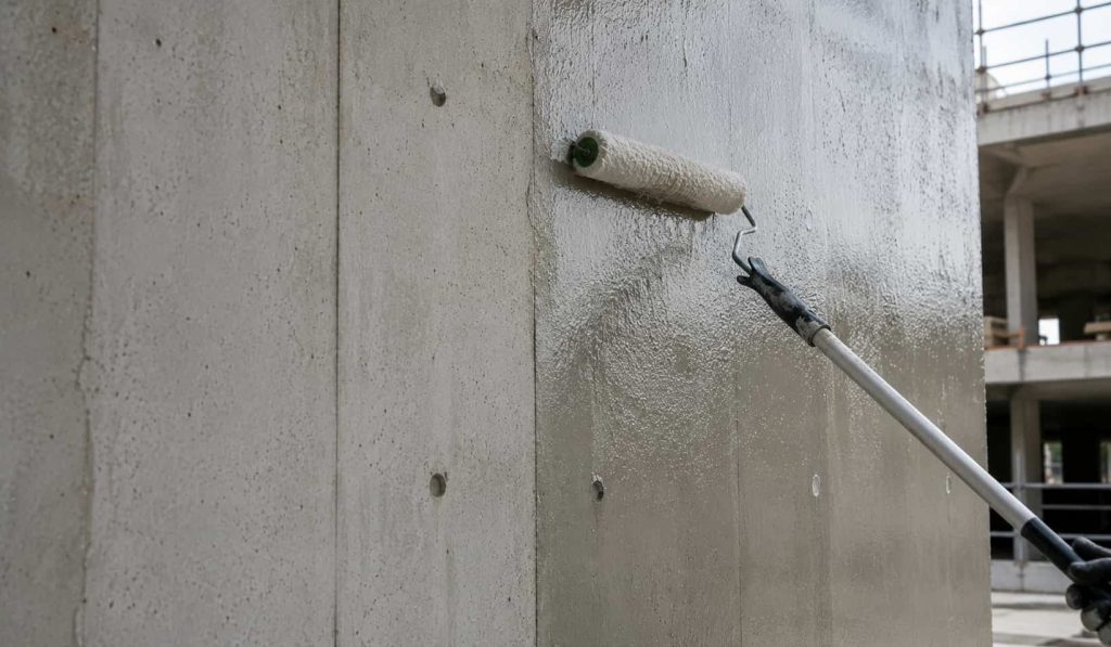 Protective waterproof coating being applied to a concrete wall to help prevent spalling concrete and moisture damage.