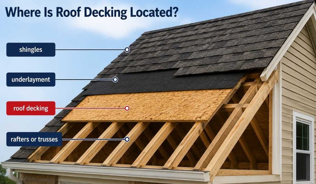 Diagram showing rafters, roof decking, underlayment, and shingles