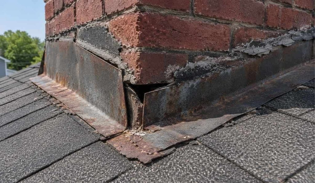 Close-up of damaged brick chimney roof flashing with severe rust, cracked roofing cement, and visible gaps causing water leaks.