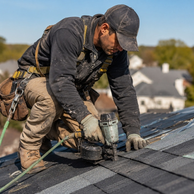Professional roofing contractor installing asphalt shingles on a residential roof using a roofing nail gun, wearing safety gear and tool belt under bright daylight.