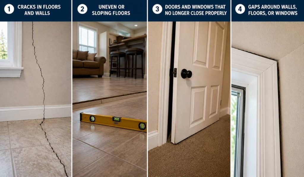 Four common signs of slab foundation damage, including wall cracks, uneven floors, sticking doors, and gaps around window frames shown in a side-by-side comparison image.