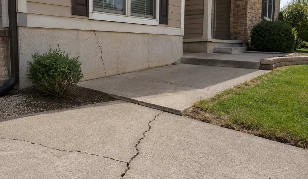 Residential home showing visible slab foundation damage, including cracks in the concrete driveway and foundation wall, with slight ground settlement near the house foundation. slab foundation repair