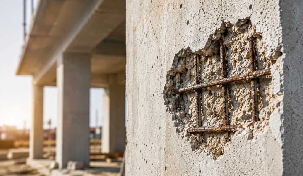 Spalling concrete with exposed reinforcing steel bars and professional concrete repair work on a damaged structural wall.