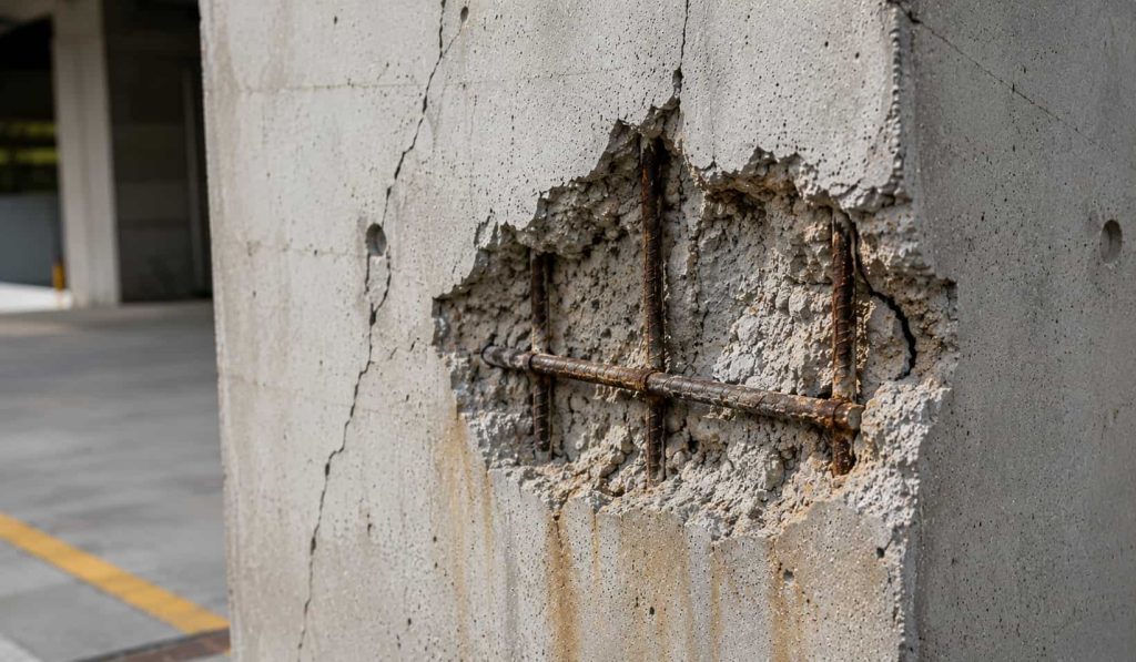 Spalling concrete with exposed rebar, surface cracking, and rust stains caused by concrete deterioration and steel corrosion.