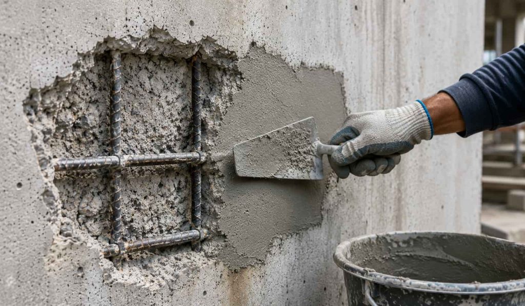 Worker repairing spalling concrete by applying repair mortar to damaged concrete with exposed reinforcement steel.