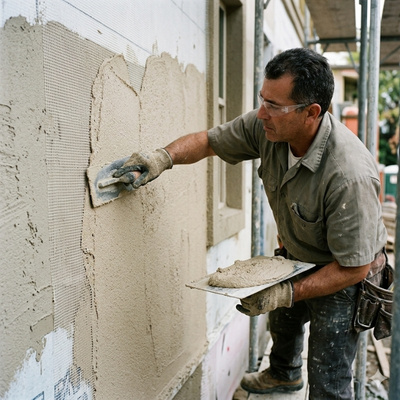 An medium shot, capturing a male construction worker actively applying stucco (EIFS) onto an exterior wall. The worker is positioned on the right side of the image, facing left towards the wall. He is a middle-aged Caucasian man with short dark hair and safety glasses. He wears a gray short-sleeved button-up shirt, gray work pants, and tan work boots. He is wearing thick work gloves, holding a trowel in his right hand and a hawk loaded with wet stucco in his left. The worker is captured mid-motion, smoothing the beige stucco mixture over a white mesh layer attached to the wall surface. The background shows scaffolding poles and hints of an outdoor construction site, with soft daylight illuminating the scene.