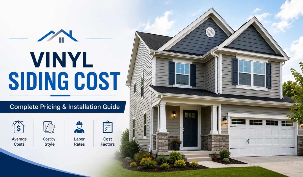 Vinyl siding cost guide banner featuring a modern home exterior with vinyl siding, installation pricing information, labor costs, and siding cost factors.
