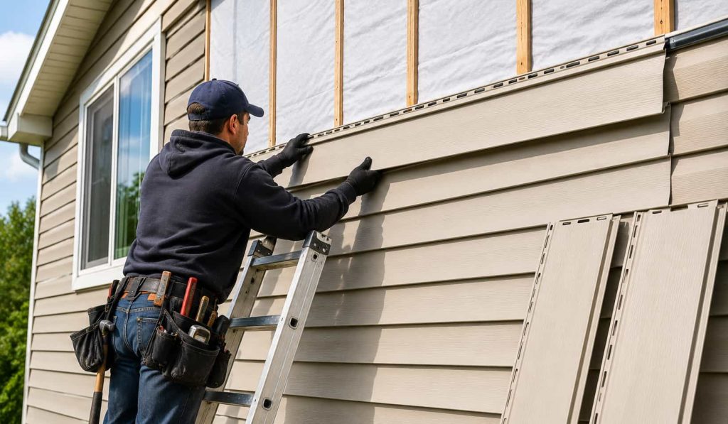 Professional contractor installing vinyl siding on a residential home exterior with ladder, siding panels, and tools during a siding replacement project.